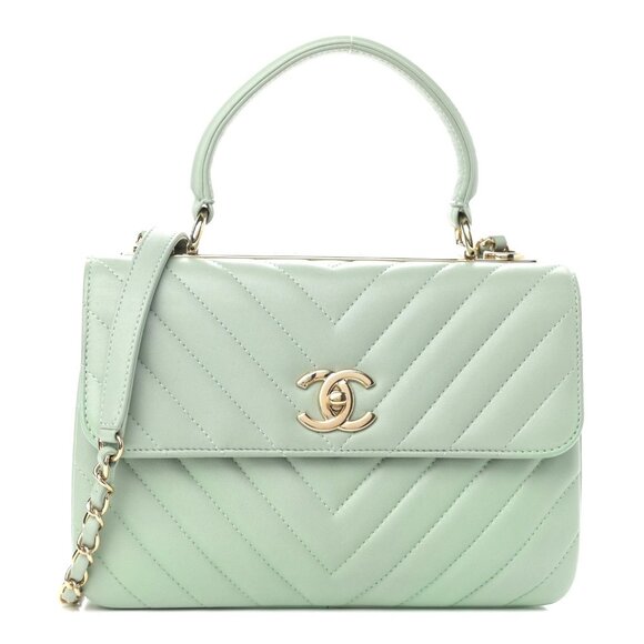Authentic CHANEL Trendy Chevron Lambskin Quilted Dual Handle Flap Bag Mint Tote - Picture 1 of 16